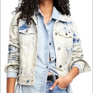 Free People Jones Tie Dye‎ Blue Denim Jacket Women's Size L NWT MSRP $98